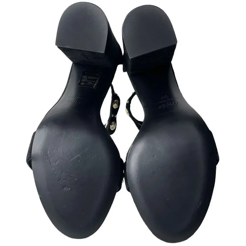 Maje Womens Studded Suede Black Gold Block Heels Sandals Size EU 39 US 8.5-‎ 9